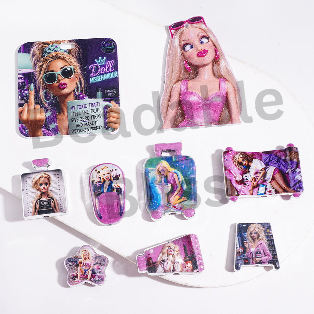 Acrylic Beads and Pendants with Cool and Fashion Doll Patterns, Silver Edge Design, Random Mix