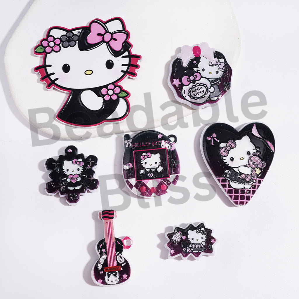 Acrylic Beads and Pendants Cute Cat Characters, Black Pink Series, Random Mix