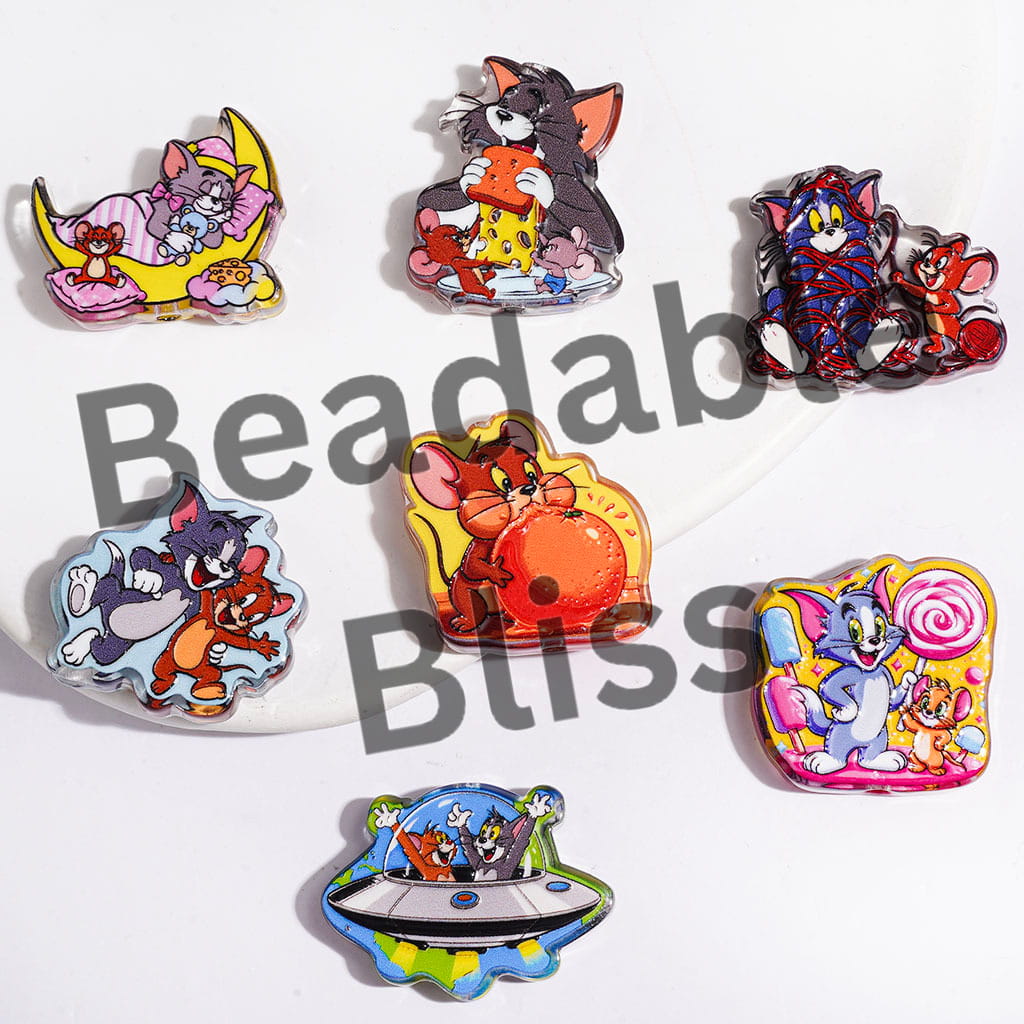 Acrylic Beads Funny Cat and Mouse Character Series, Semi-Clear, Random Mix