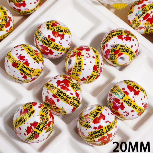 CRIME SCENE DO NOT CROSS - UV Coating Red Liquid & Yellow Tape Forbidden Line Patterns Acrylic Beads for Bracelets, 20MM