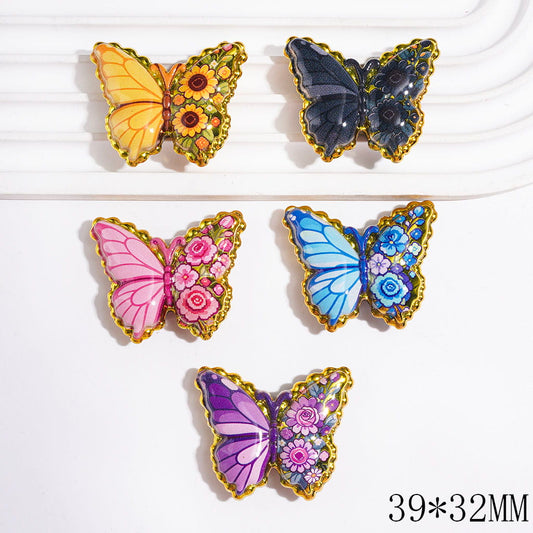 Acrylic Beads Butterfly with Sunflower and Daisy Flower on Half Wings, Multi-Color, Gold Edge, Random Mix