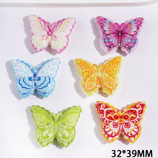 Butterfly with Floral Series Patterns Acrylic Beads, Ethnic Style, 32*39MM Multi-Color Random Mix