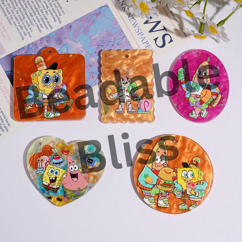 Yellow Sponge and Pink Starfish Characters Acrylic for DIY Charms Pendants Craft, Various Shapes, Random Mix