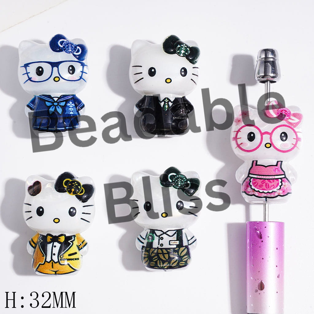 Acrylic Beads Cute Cat Character in Various Coffee Uniform, Height 32MM, Random Mix