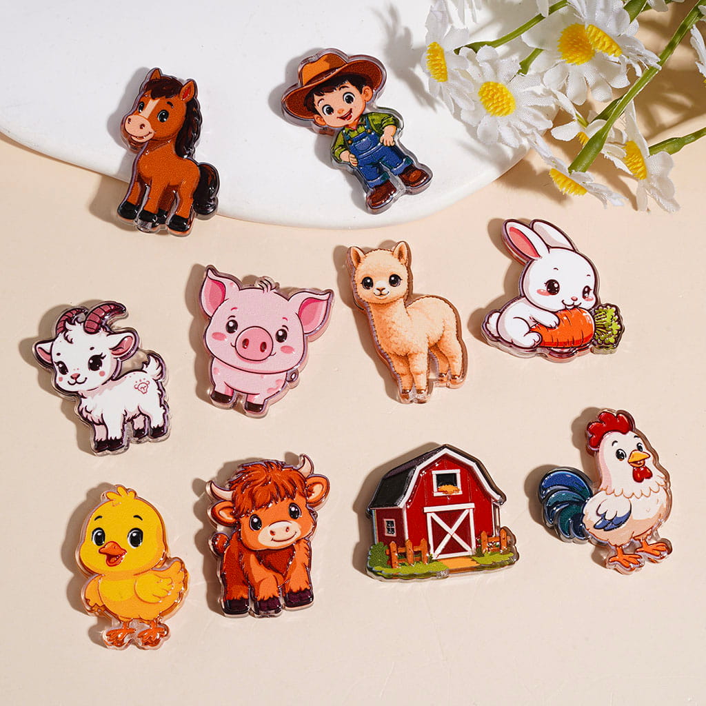 Farm Animals and Cowboy Acrylic Beads, Pig Highland Cow Goat Alpaca Rooster Chick Horse Rabbit Farmhouse, Semi-Clear, Random Mix