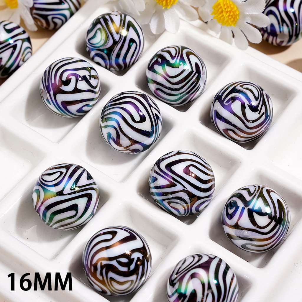 UV Coating Acrylic Beads for Bracelets w Black and White Swirl Zebra Stripe Print Design, 16MM