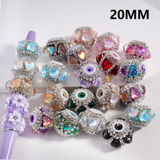 Colorful beaded jewelry with a purple pen on a white background, labeled '20MM'.

