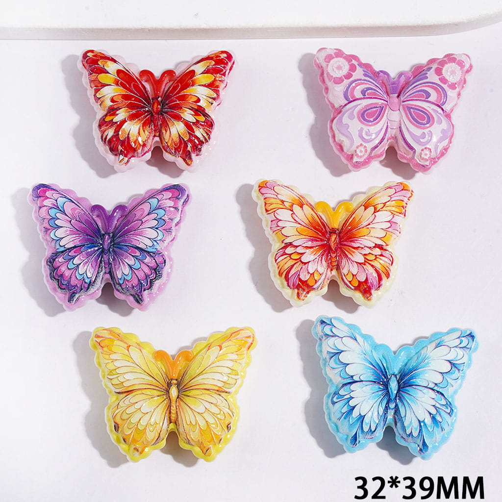 Butterfly with Beautiful Wing Patterns Acrylic Beads, 32*39MM Multi-Color Random Mix