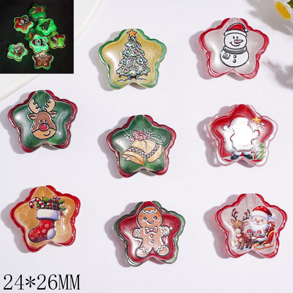 Luminous Acrylic Beads Christmas w Santa Claus Snowman Tree Reindeer Gingerbread Man Stocking Bell & Glitter, Wavy Edged Star Shape, 24*26MM, Multi-Color Random Mix