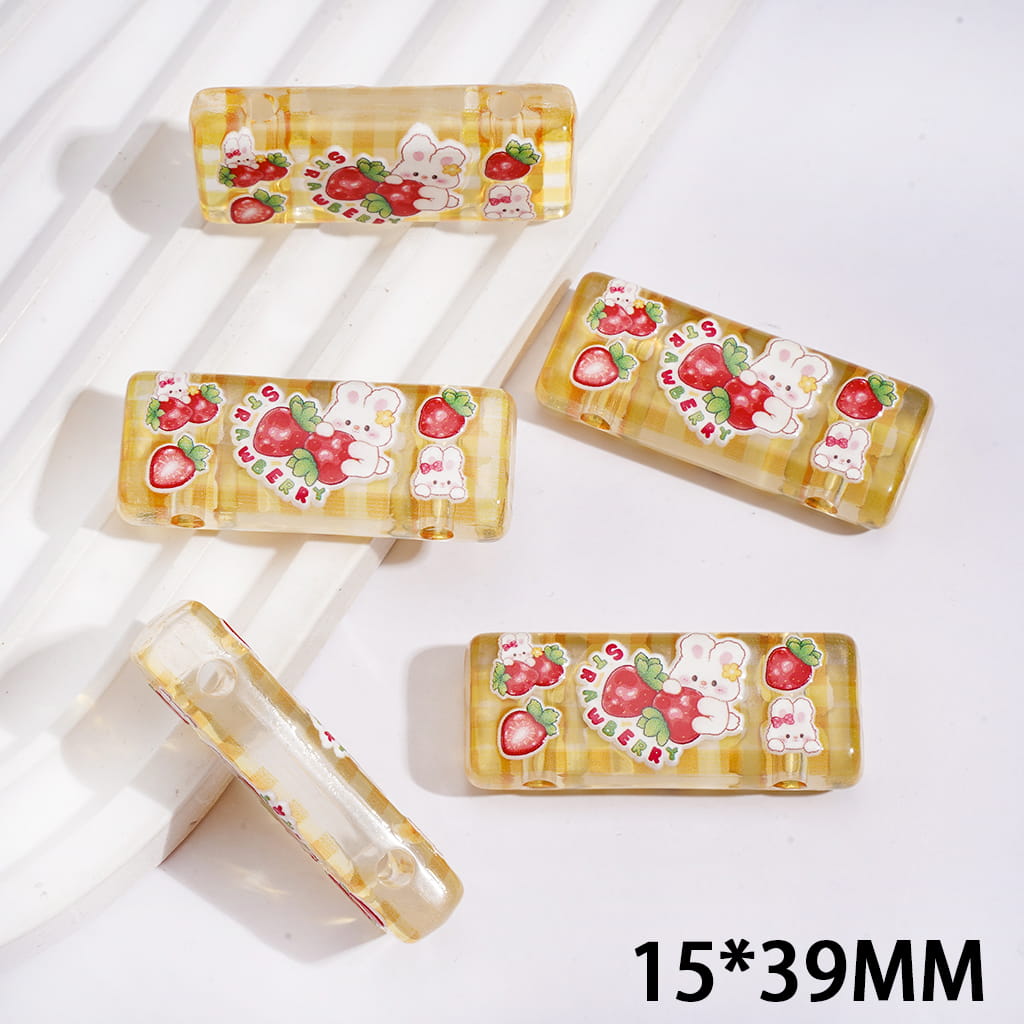 Lovely Bunny Strawberry Printed Rectangle Acrylic Beads, Double Holes, Semi-Clear, 15*39MM