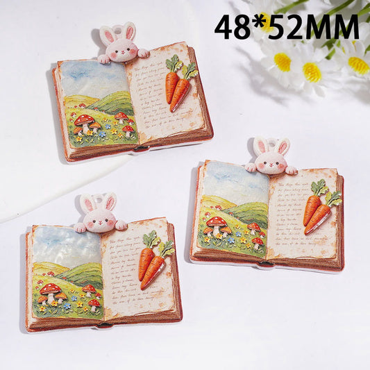 Acrylic Pendants Countryside Book with Rabbit and Carrot Mushroom Mountain, 48*52MM