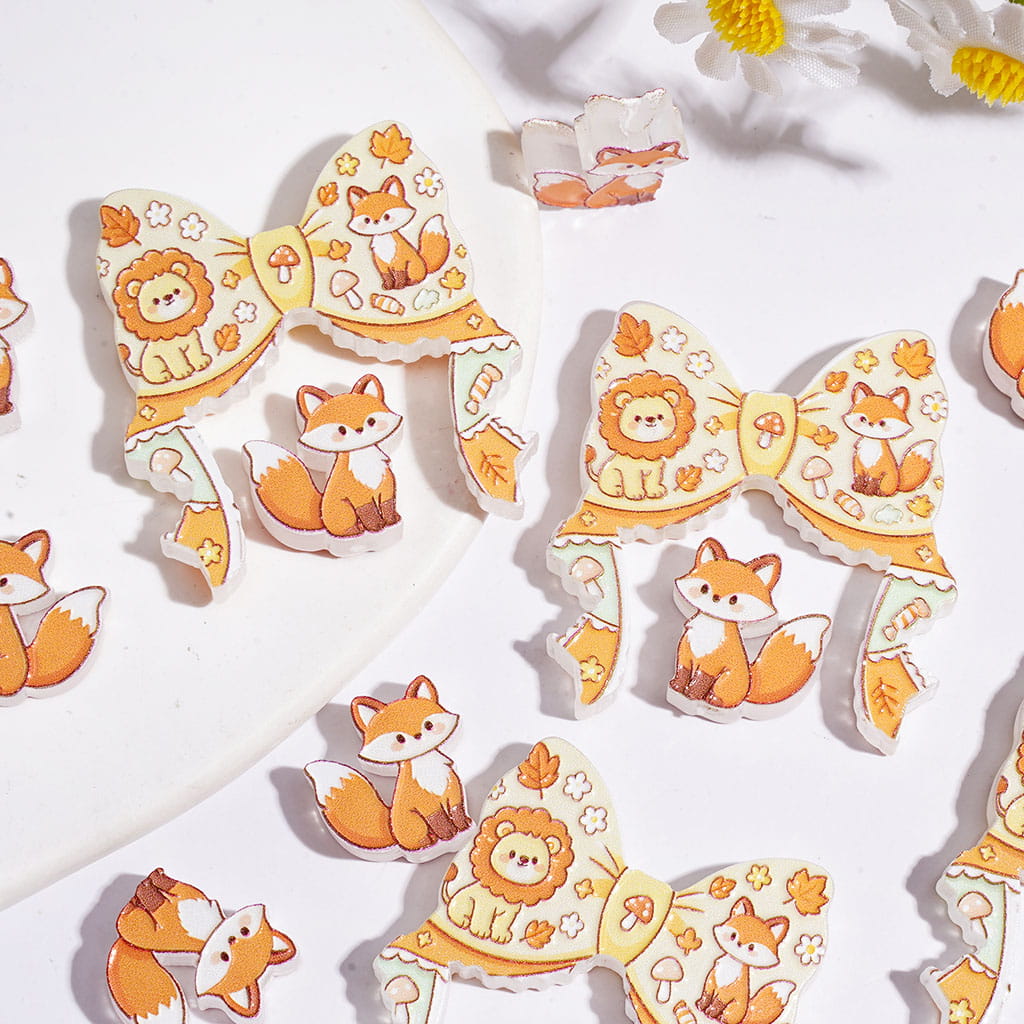 Acrylic Beads Cute Lion Mushroom Fox Patterns Bow and Fox Ornament, Light Orange-Yellow Series (Please Read Description)