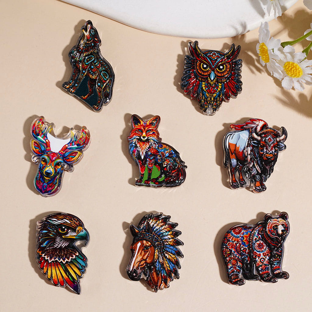 Boho Style Wild Animal Series Acrylic Beads, Wolf Horse Fox Bear Highland Cow Deer Eagle, Semi-Clear, Random Mix