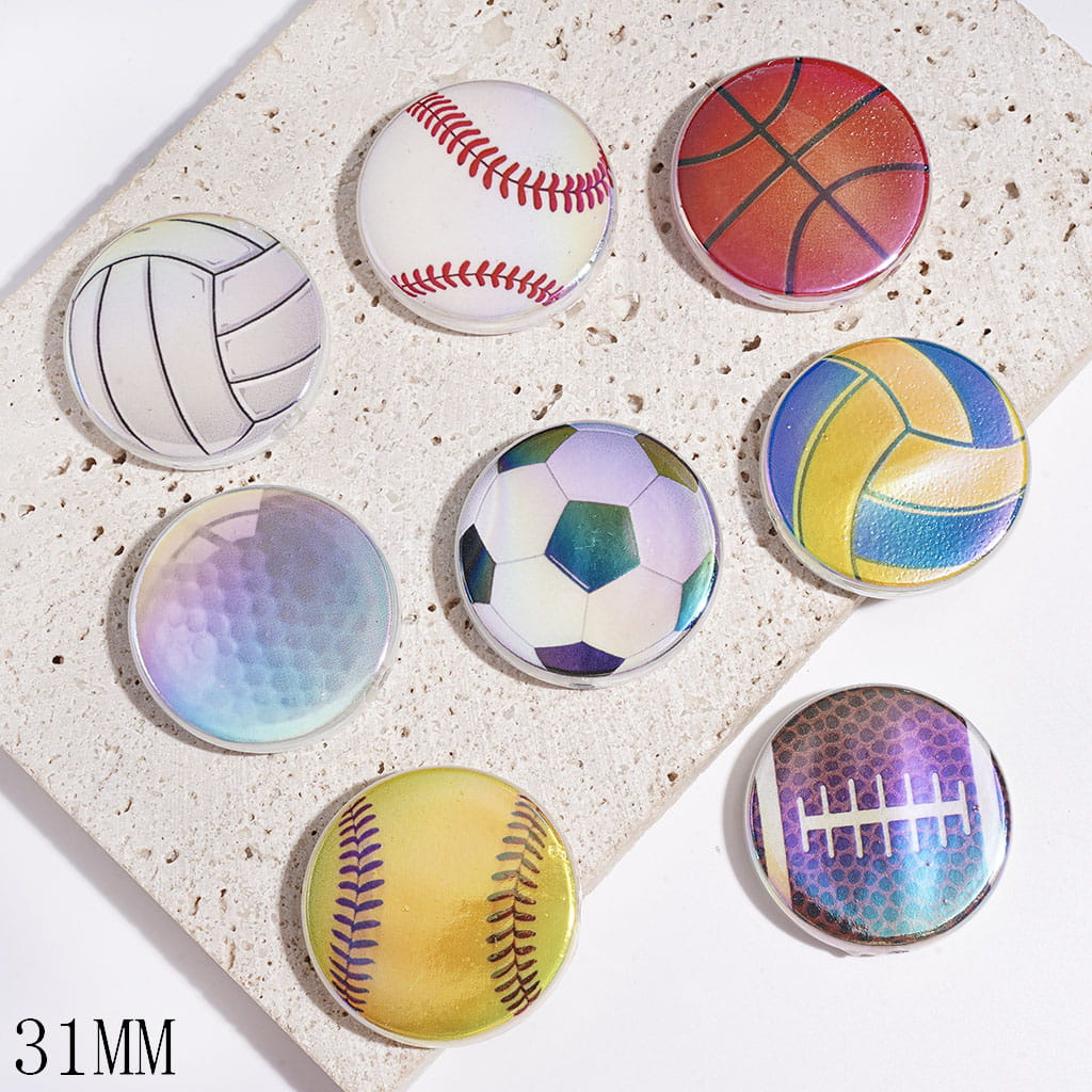 Volleyball Baseball Basketball Football Golf Rugby Series Acrylic Beads, UV Finish, Flat Round Shaped, 31MM Random Mix
