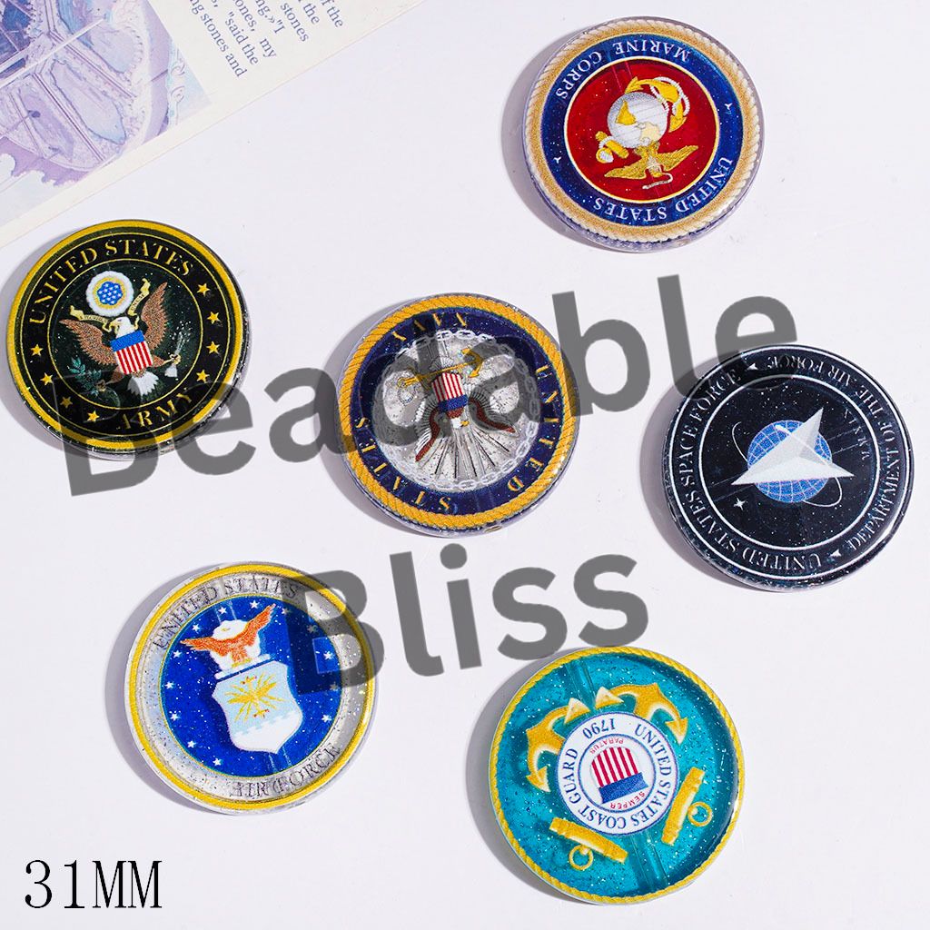 American Military Commemorative Coin Badges and Glitter Acrylic Beads, Flat Round Shape, 31MM Random Mix
