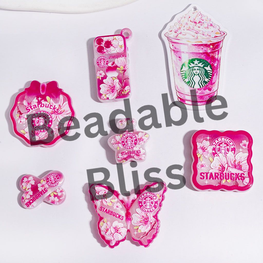Acrylic Beads and Pendants Coffee Series with Magnolia Flower in Pink, Random Mix
