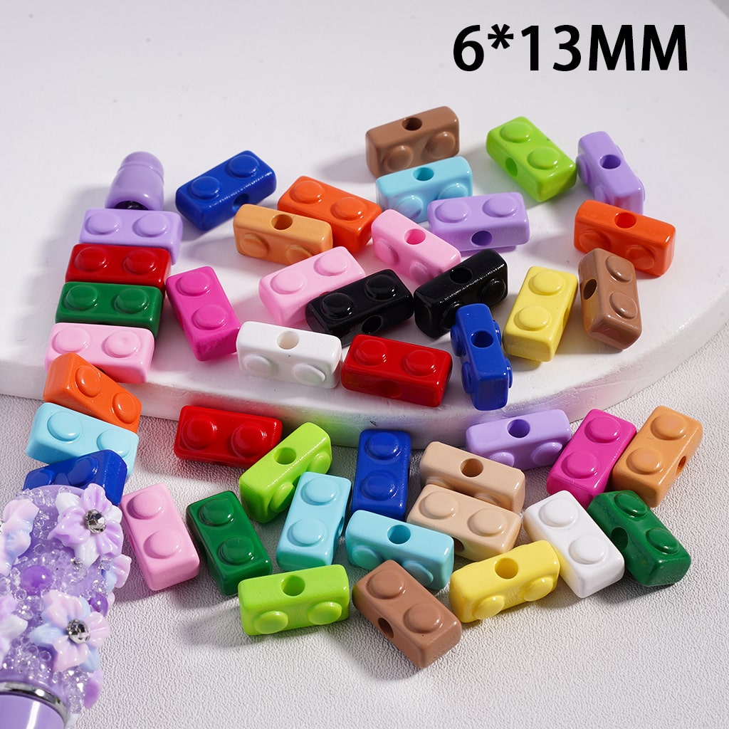 Colorful building block beads on a white background with '6*13MM' text.

