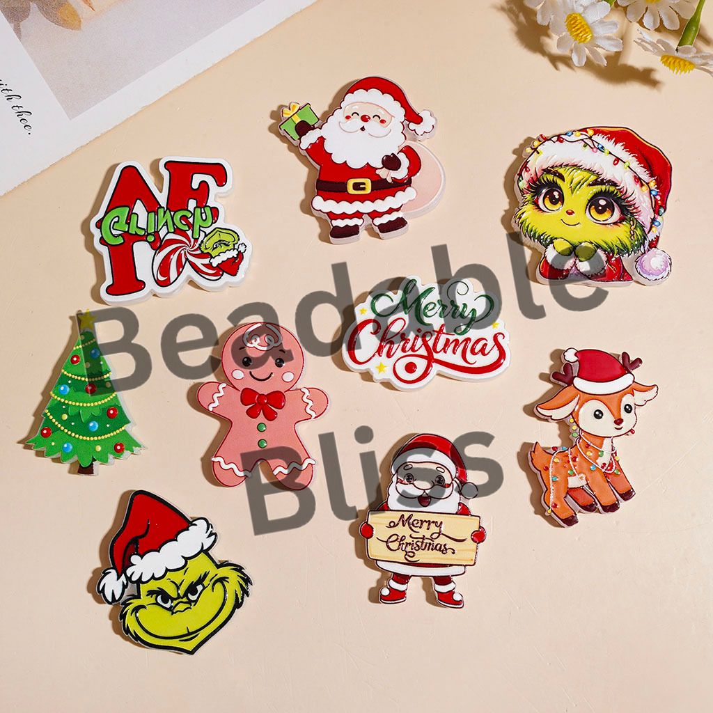 Christmas Green Series Character Santa Claus Gingerbread Man Christmas Tree Reindeer Acrylic Beads, Random Mix