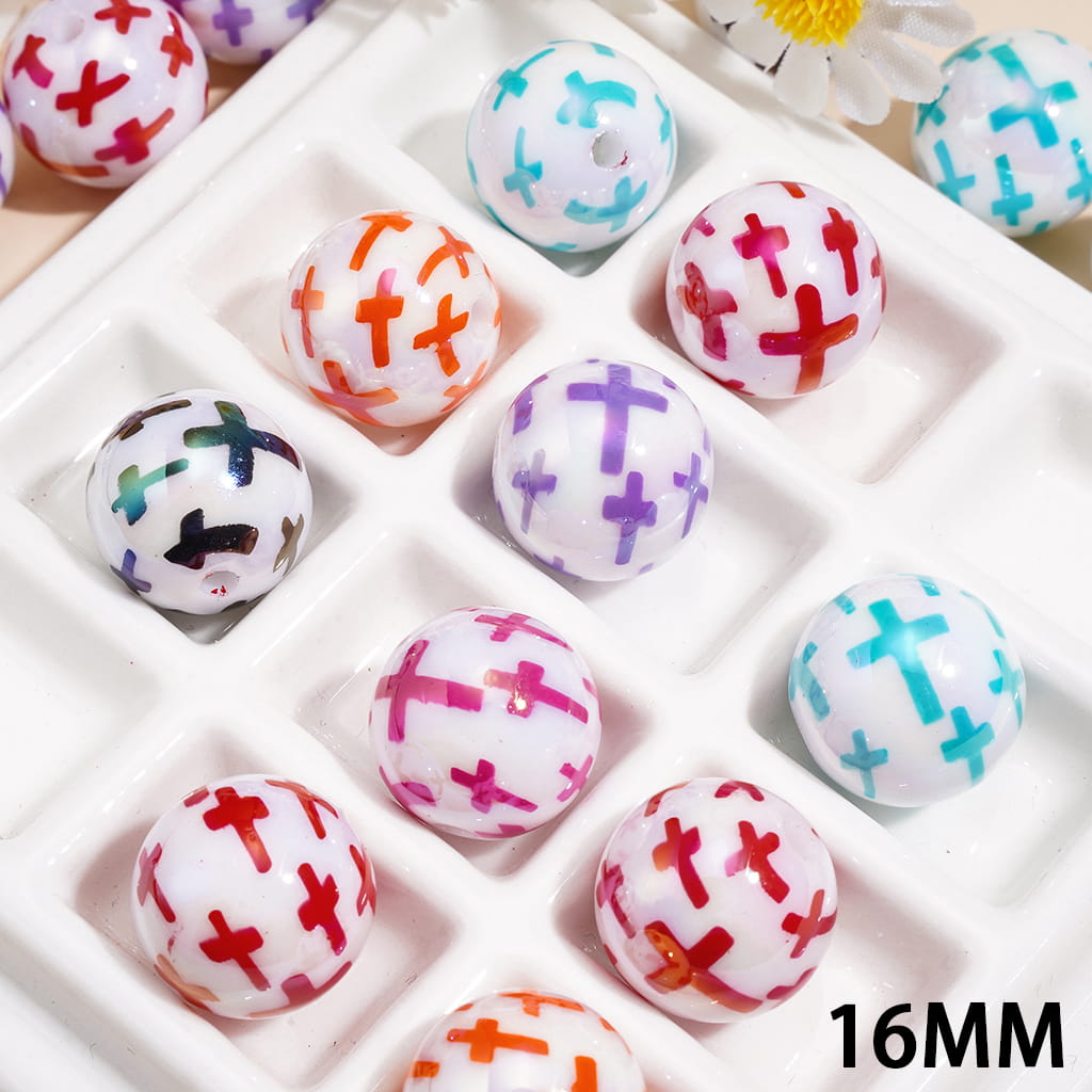 UV Coating Acrylic Beads for Bracelets w Multicolor Cross Print Design, 16MM, Random Mix