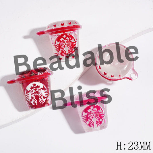 Acrylic Beads and Pendants with Coffee Cup in Pink and Red Series, Height 23MM Random Mix
