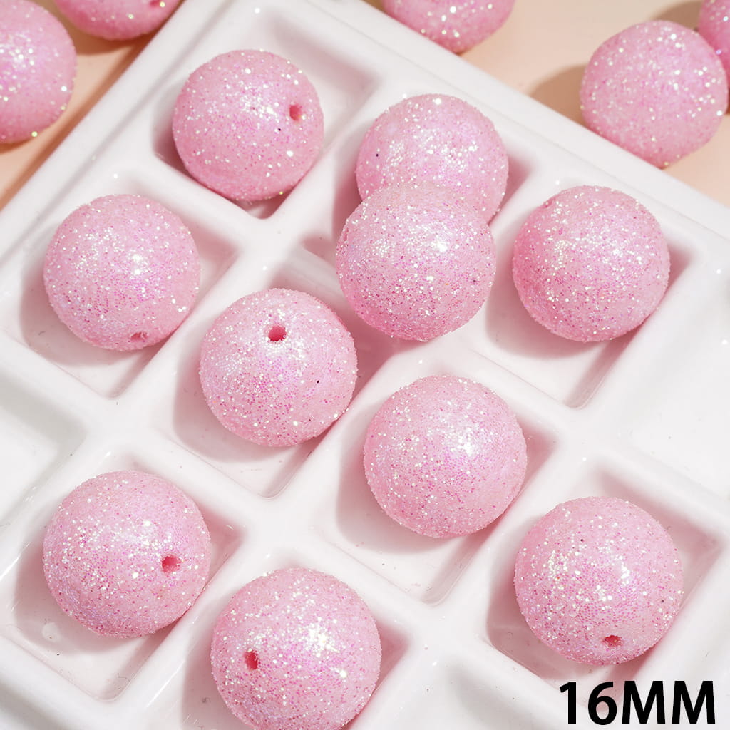 Pink Acrylic Beads for Bracelets, Round Shape with Glitter, 16MM