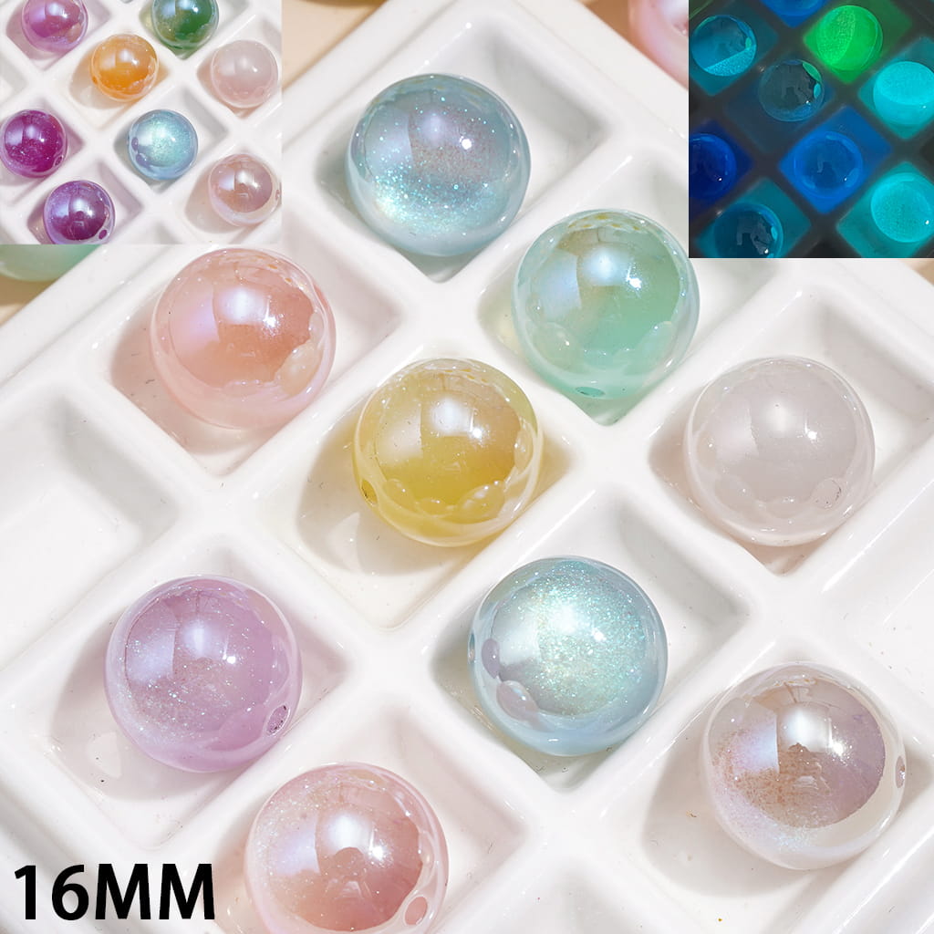 Luminous Acrylic Beads for Bracelets w Color-Shifting Fine Glitter, 16MM, Random Mix