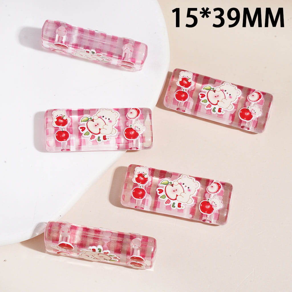 Apple Bear Printed Rectangle Acrylic Beads, Double Holes, 15*39MM