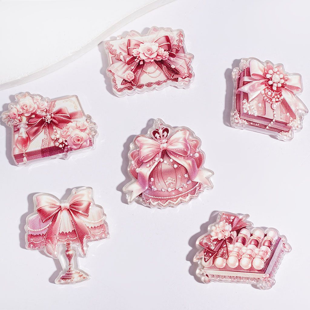 Gift Box Cake with Bowtie Acrylic Beads, Semi-Clear, Pink Series, Random Mix