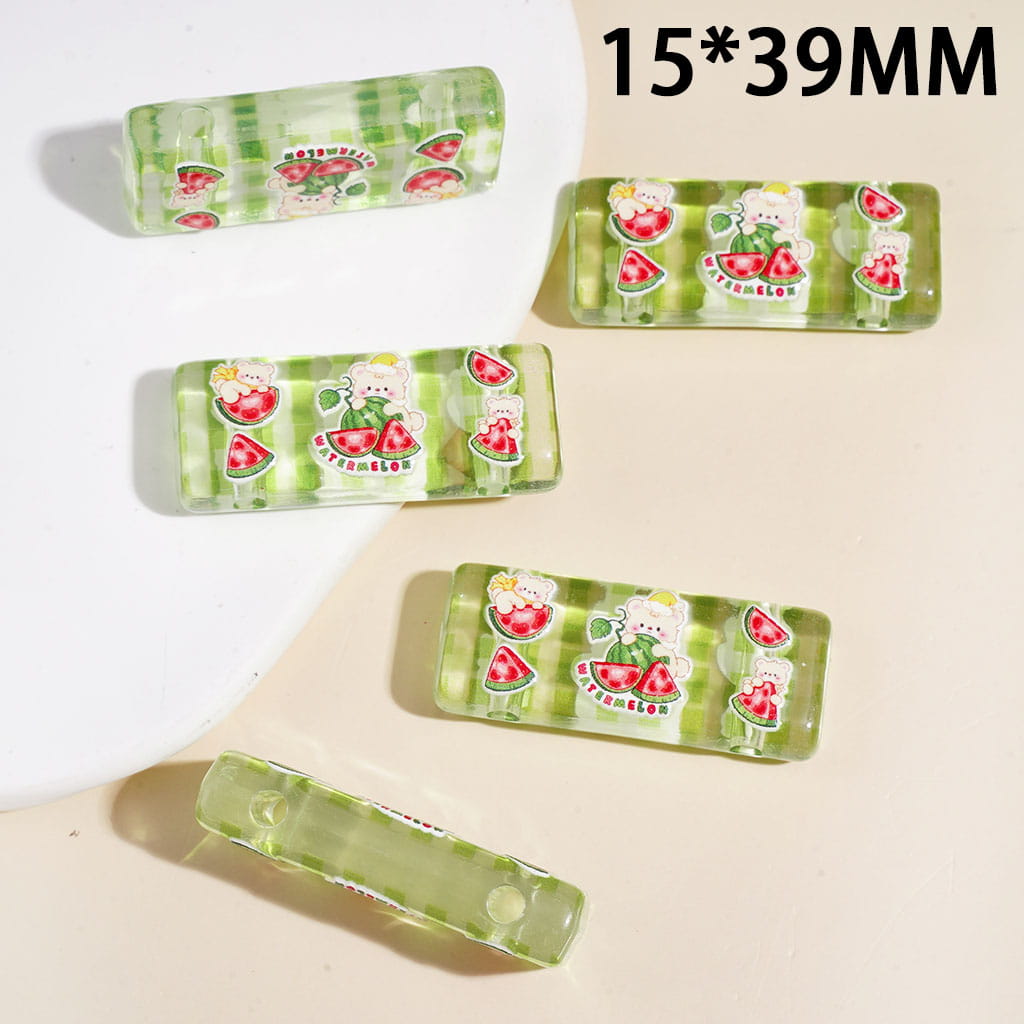 Watermelon Bear Printed Rectangle Acrylic Beads, Double Holes, 15*39MM
