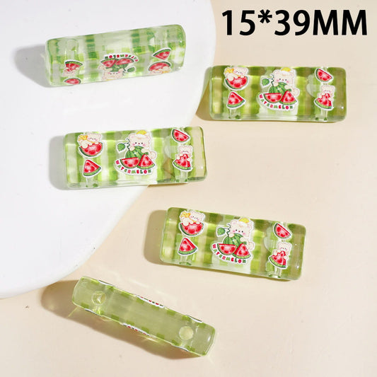 Watermelon Bear Printed Rectangle Acrylic Beads, Double Holes, 15*39MM