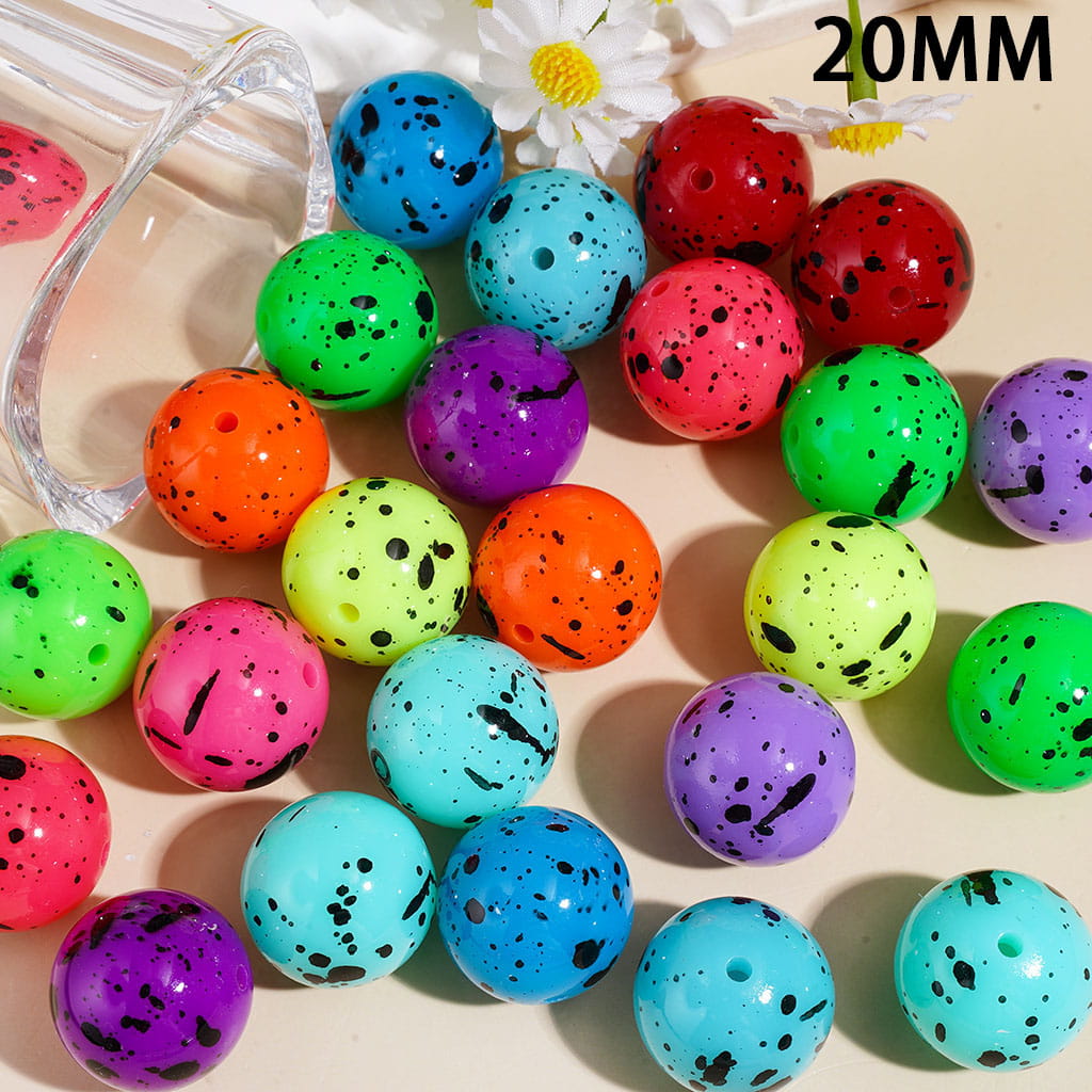 Acrylic Beads for Bracelets with Black Ink-Splash Spots Prints, Multi-Color, 20MM, Random Mix