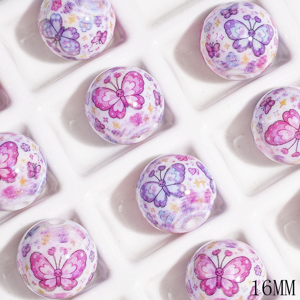 Acrylic Beads for Bracelets UV Finish with Flower & Butterfly & Star Patterns, 16MM, Pink Purple Style