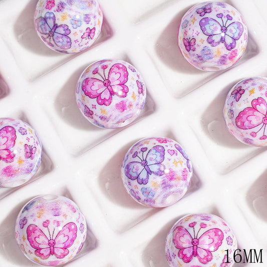 Acrylic Beads for Bracelets UV Finish with Flower & Butterfly & Star Patterns, 16MM, Pink Purple Style