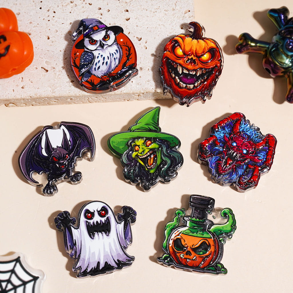 Halloween Ghost Pumpkin Bat Owl Witch Mutant Spider Acrylic Beads, Semi-Clear, Random Mix