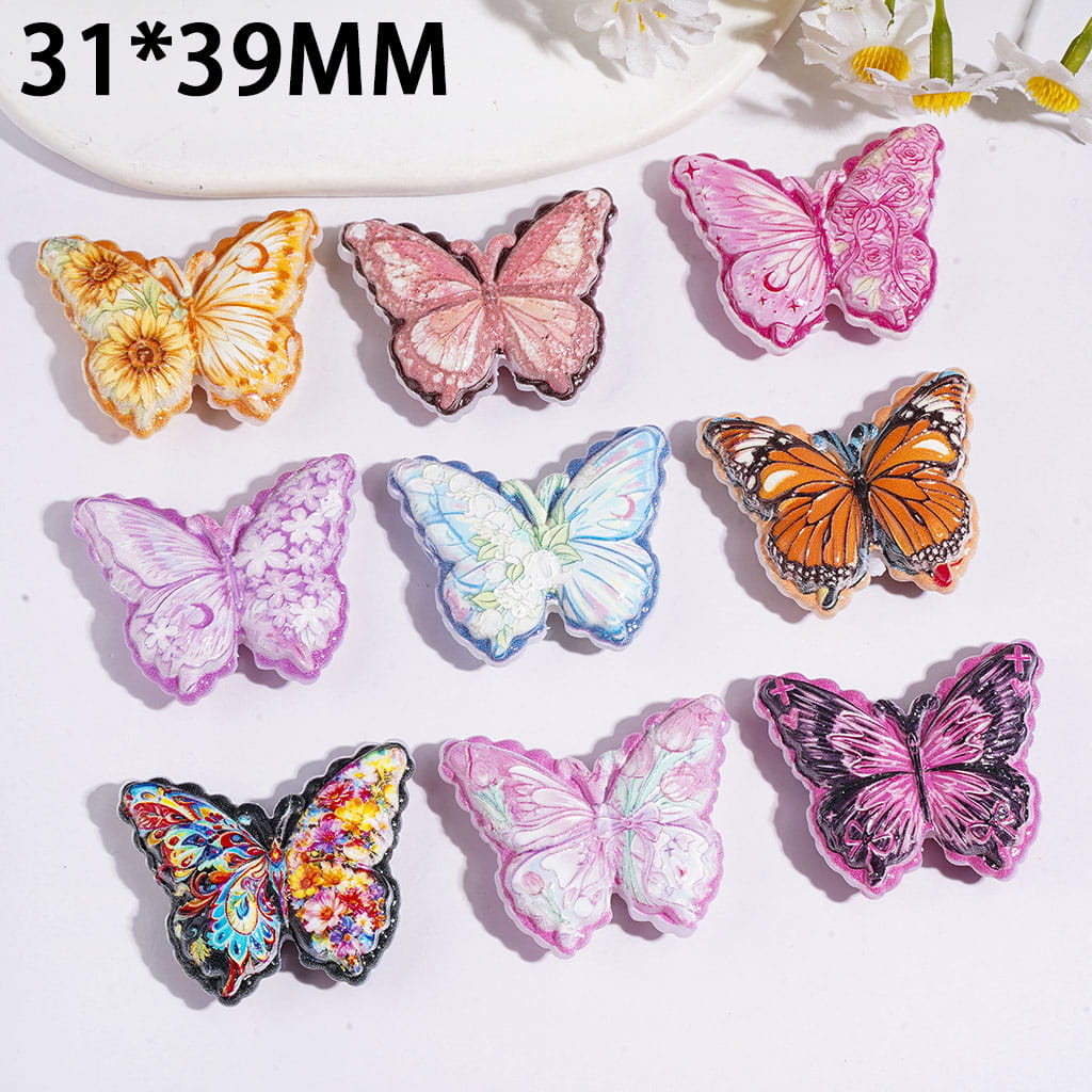 Acrylic Beads Butterfly with Flower on Wings, 31*39MM, Random Mix