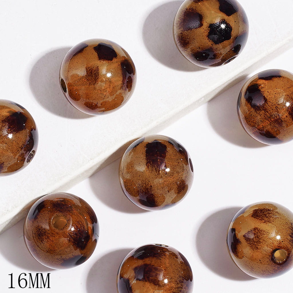 Acrylic Beads for DIY Bracelets with Dark Brown Leopard Print, 16MM, Light Brown Round Beads