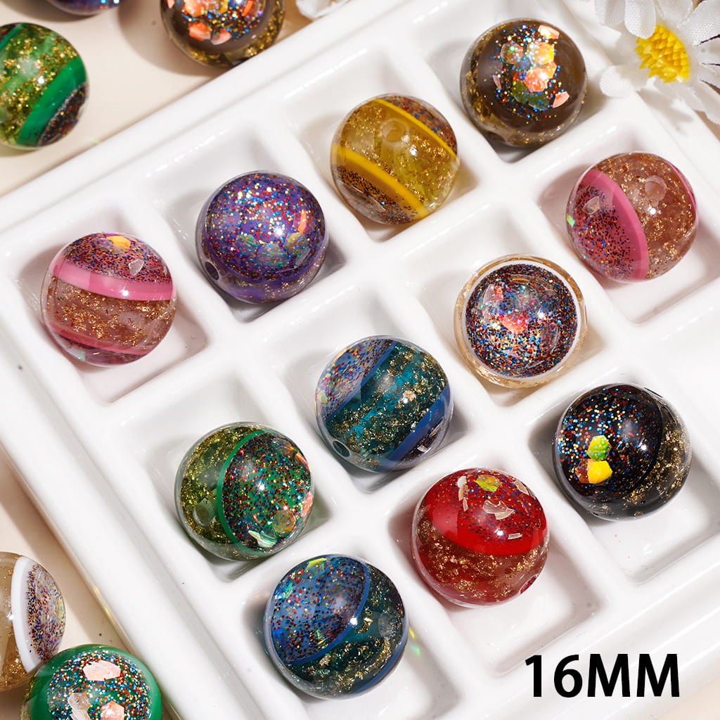 Holographic Gold Foil Paper & Glitter Filled Acrylic Beads for Bracelets or Necklaces, 16MM, Random Mix