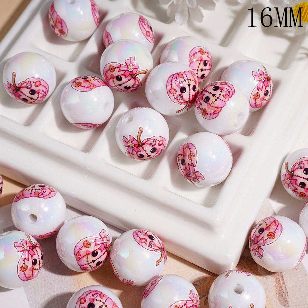 UV Coating Acrylic Beads for Bracelets and Necklace, Halloween Pink Stitched Pumpkin, 16MM