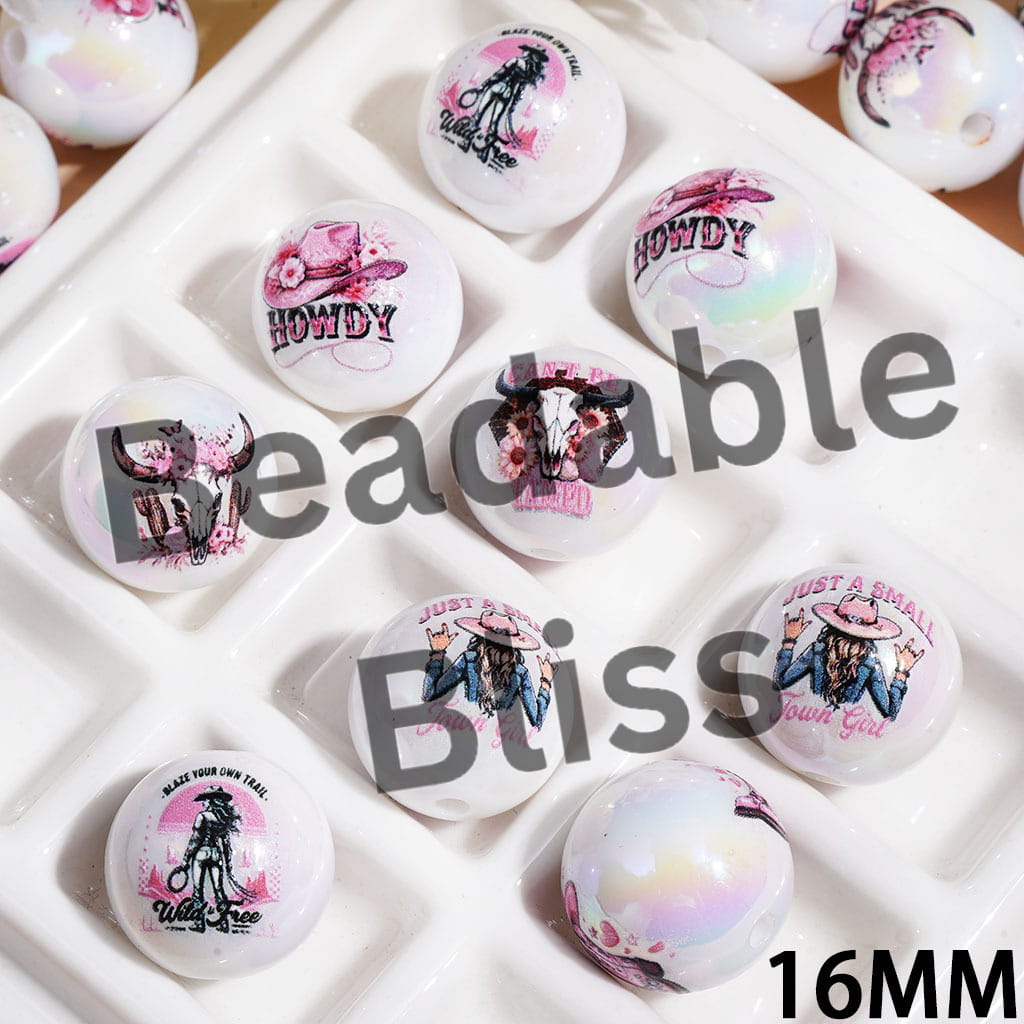 UV Coating Western Cowboys Pink Series Round Acrylic Beads for Bracelets, 16MM Random Mix