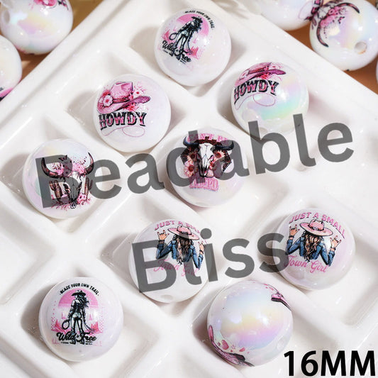 UV Coating Western Cowboys Pink Series Round Acrylic Beads for Bracelets, 16MM Random Mix
