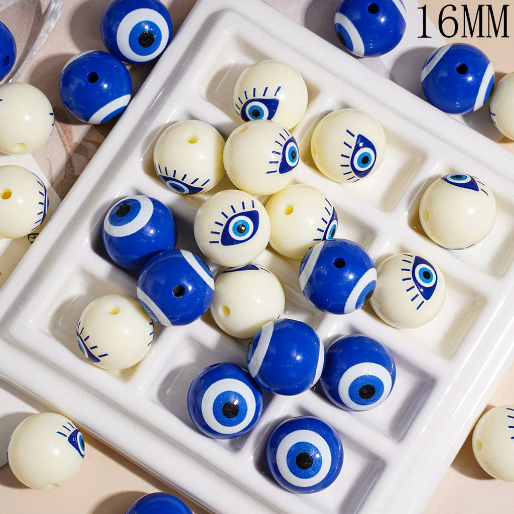 Acrylic Beads for Bracelets or Necklace Evil Eyes, 16MM, Blue and White Background, Random Mix