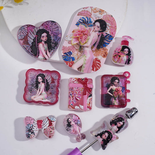 Acrylic Beads Pendants with Beautiful Girl and Tropical Plant Prints Series, Random Mix
