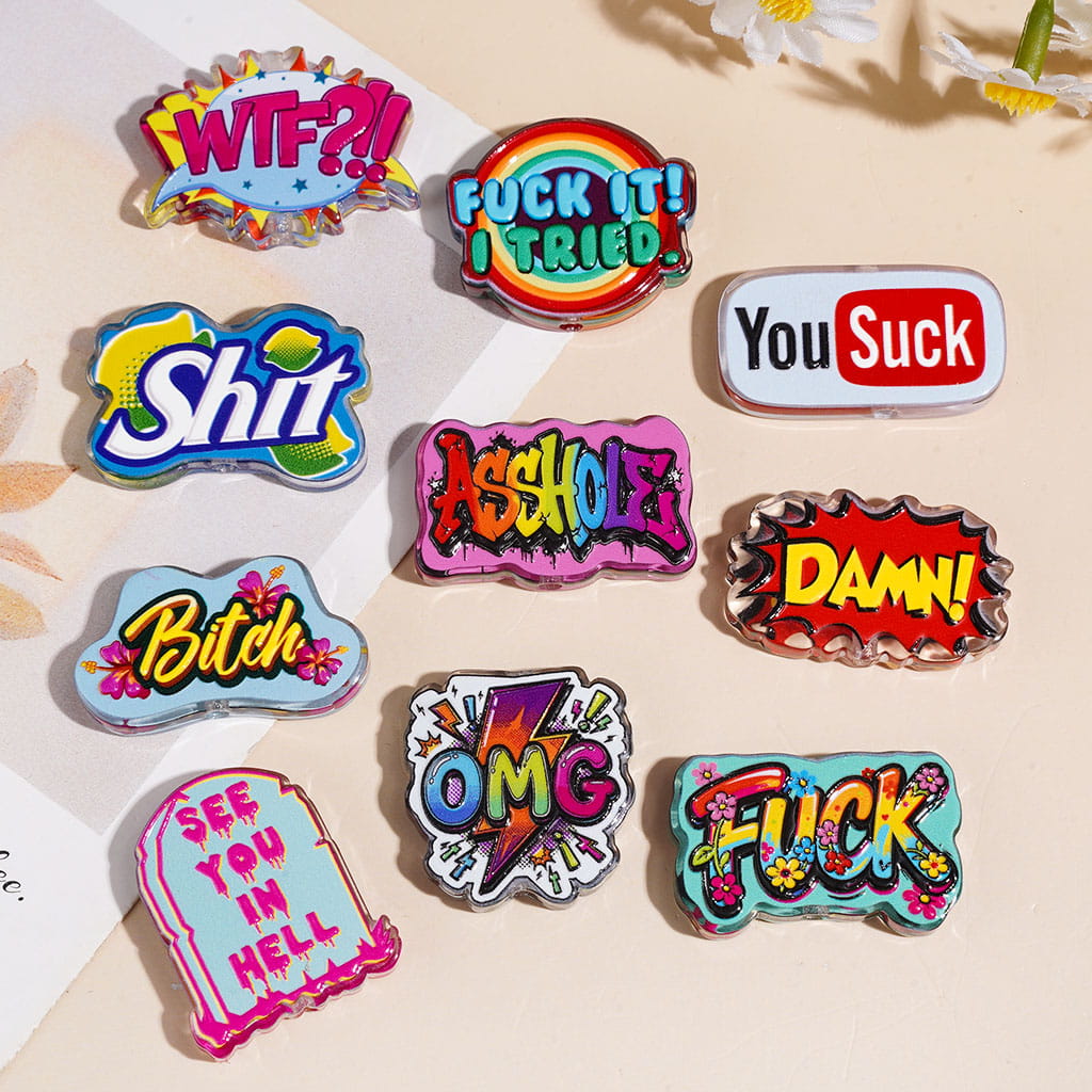 Acrylic Beads with Humor Word Series, Semi-Clear, Random Mix