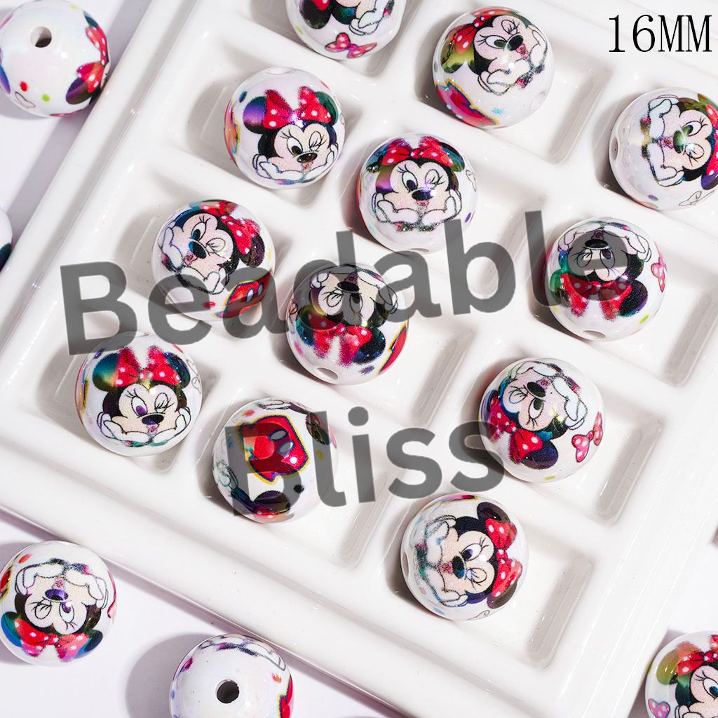 Classic Animal Character Mouse and Bowtie Print UV-Coated Acrylic Beads for Bracelets, 16MM