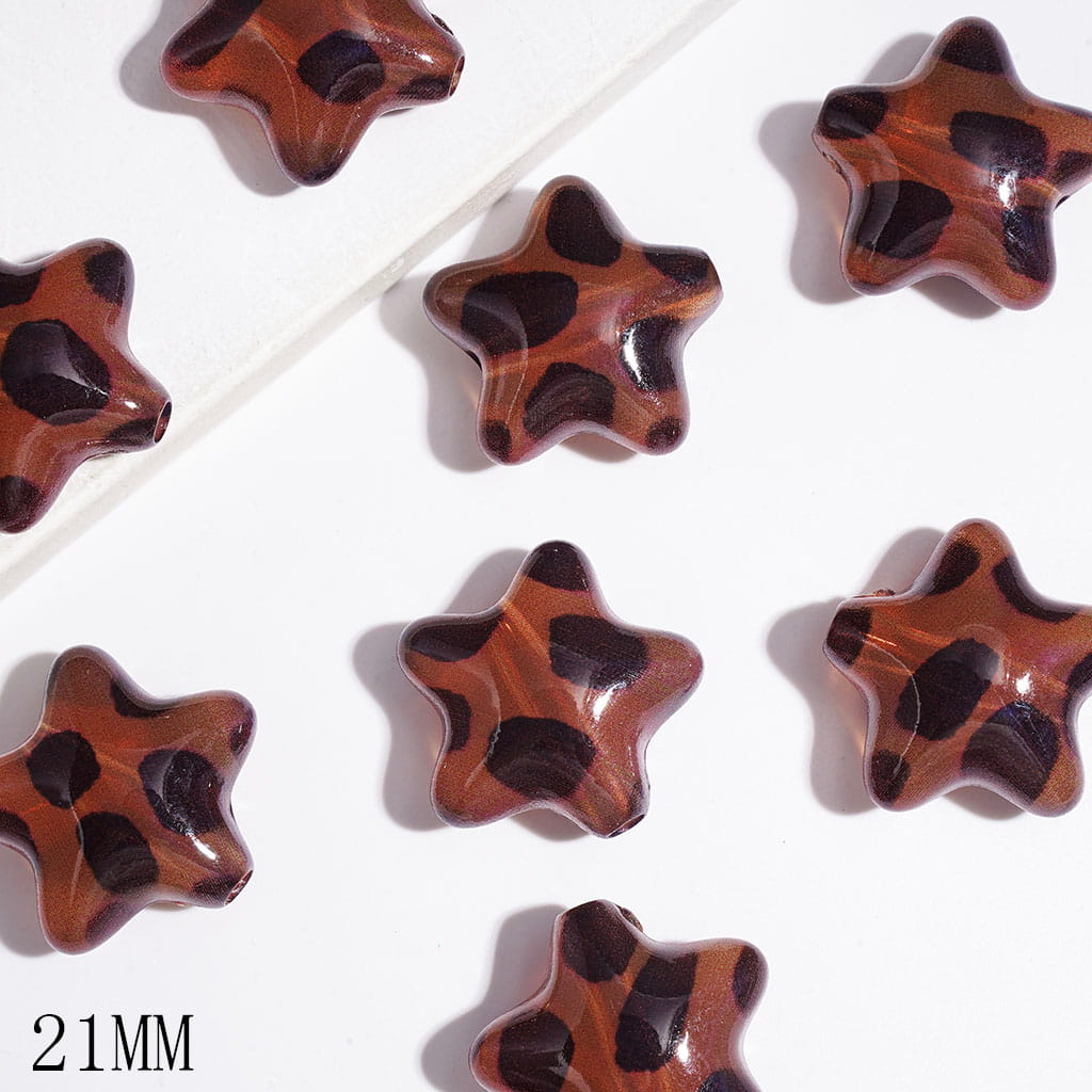 21MM - Acrylic Beads Red Brown Star with Black Spots Leopard Patterns