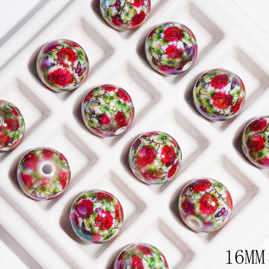 UV Coating Red Rose Flower and Green Leaf and Butterfly Patterns Acrylic Beads for Bracelets, 16MM