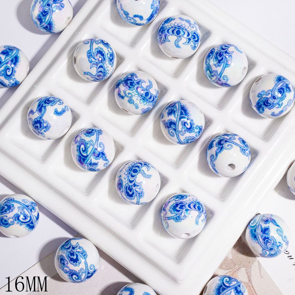 UV-Coated Acrylic Beads for Bracelets Chinese Traditional Blue and White Porcelain Style with Blue Lotus, 16MM
