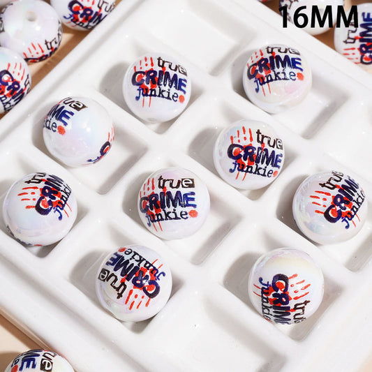 Acrylic Beads for Bracelets UV Coating with Text "true CRIME junkie" & Red Palm Prints, 16MM, Random Mix