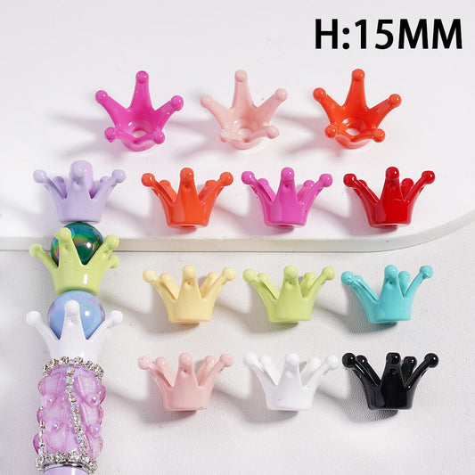Colorful crown-shaped hair clips on a white background with height measurement H:15MM.

