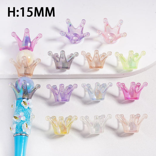 Colorful crown-shaped hair clips on a white background with a height measurement of 15MM.

